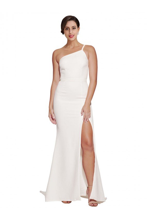 Affordable Long Sweep Train Crepe Bridesmaid Dress / Prom Dress with Side Split and One Strap