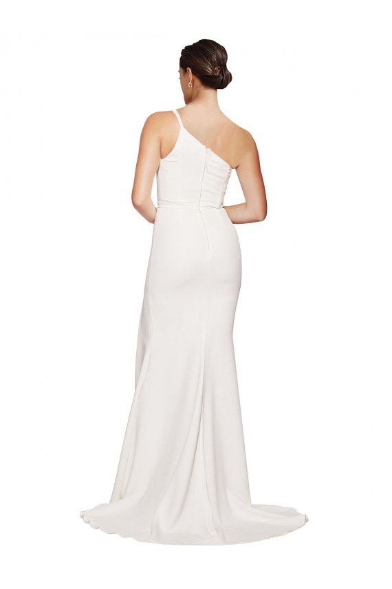 Affordable Long Sweep Train Crepe Bridesmaid Dress / Prom Dress with Side Split and One Strap