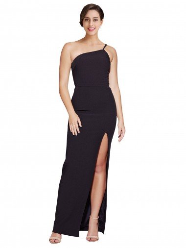 Affordable Long Floor Length Formal Crepe Bridesmaid Dress / Prom Dress with Side Split and One Strap