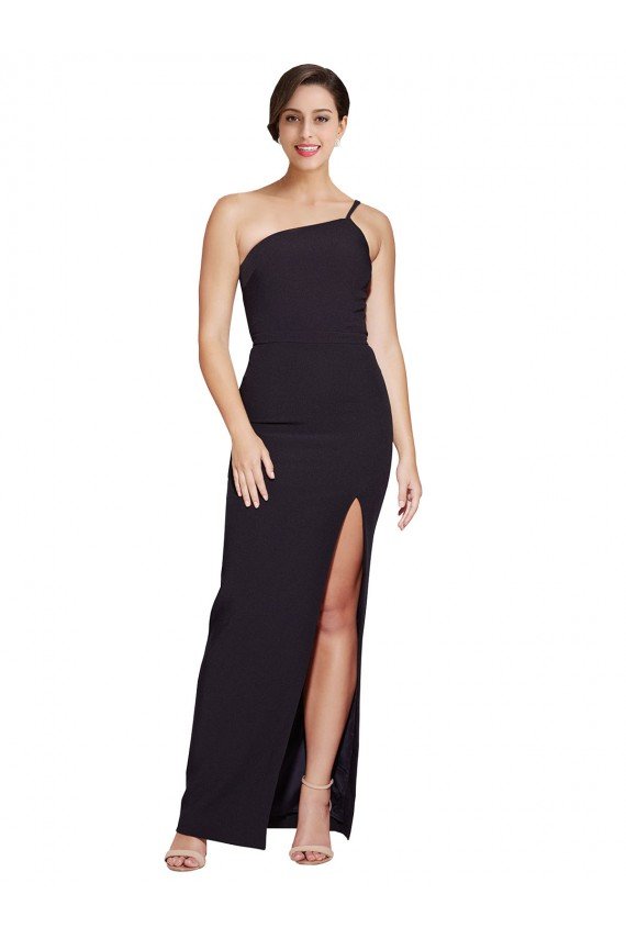 Affordable Long Floor Length Formal Crepe Bridesmaid Dress / Prom Dress with Side Split and One Strap
