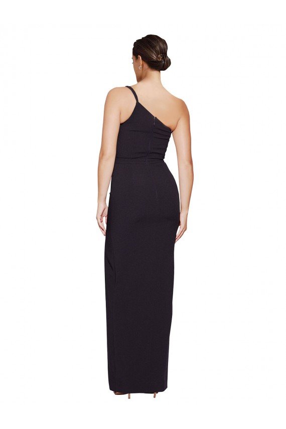 Affordable Long Floor Length Formal Crepe Bridesmaid Dress / Prom Dress with Side Split and One Strap