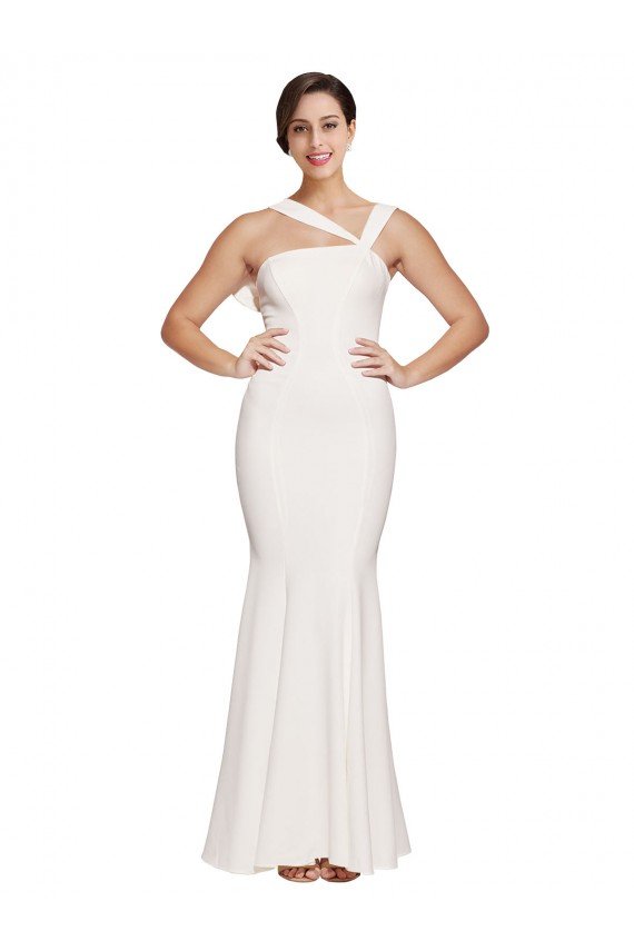 Affordable Full Length Square Neck Formal Crepe Bridesmaid Dress / Prom Dress with Asymmetrical Straps and Bow Back