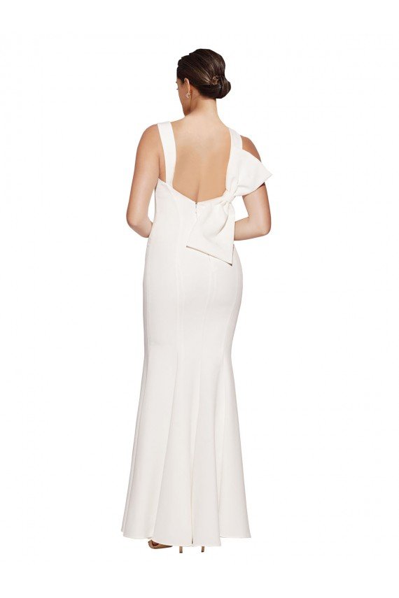 Affordable Full Length Square Neck Formal Crepe Bridesmaid Dress / Prom Dress with Asymmetrical Straps and Bow Back