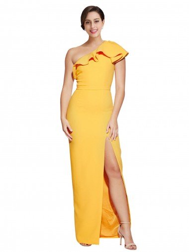 Affordable One Shoulder Floor Length Formal Crepe Bridesmaid Dress / Prom Dress with Thigh High Split