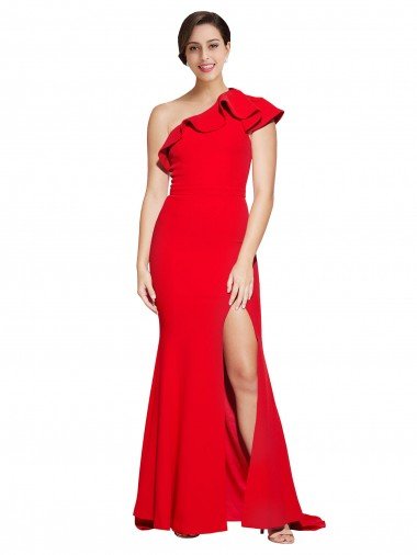 Affordable One Shoulder Long Sweep Train Crepe Bridesmaid Dress / Prom Dress with Thigh High Split