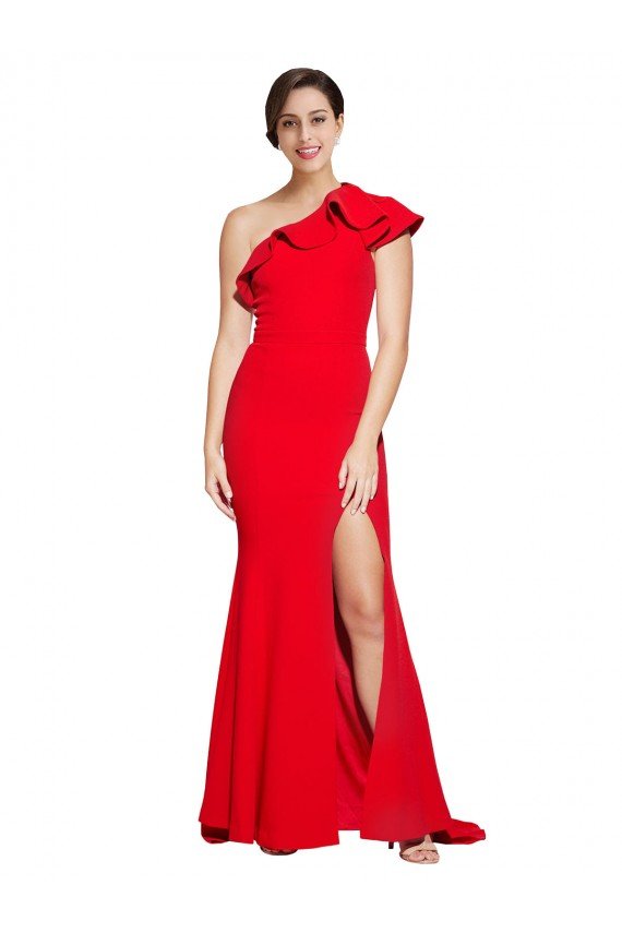 Affordable One Shoulder Long Sweep Train Crepe Bridesmaid Dress / Prom Dress with Thigh High Split