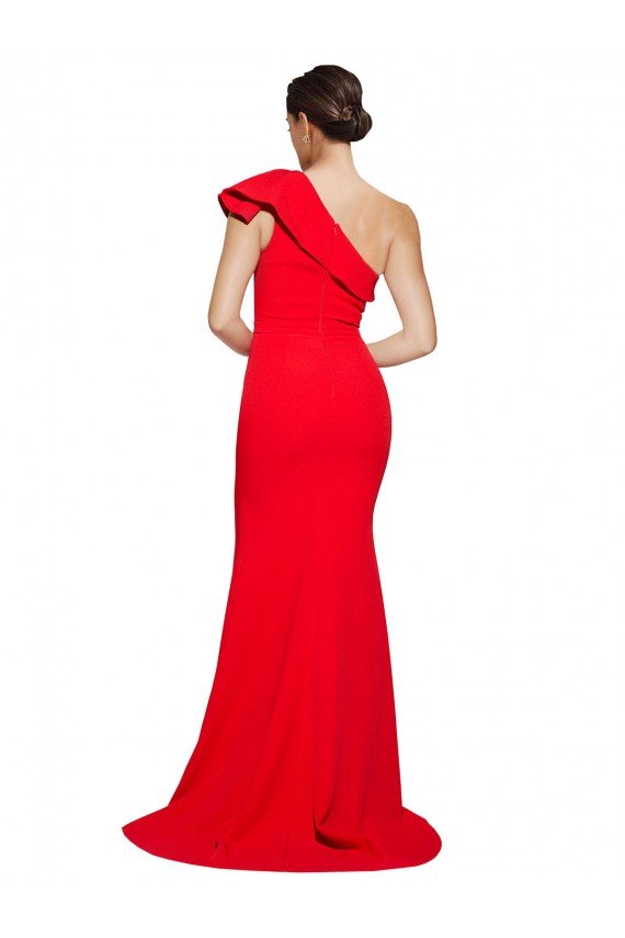 Affordable One Shoulder Long Sweep Train Crepe Bridesmaid Dress / Prom Dress with Thigh High Split
