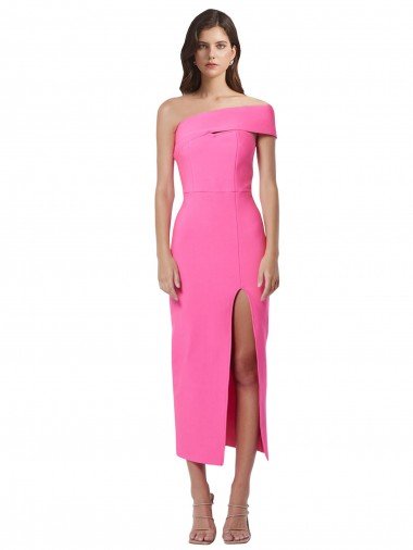 Affordable One Shoulder Neckline Short Midi Length Formal Crepe Bridesmaid Dress / Cocktail Prom Dress