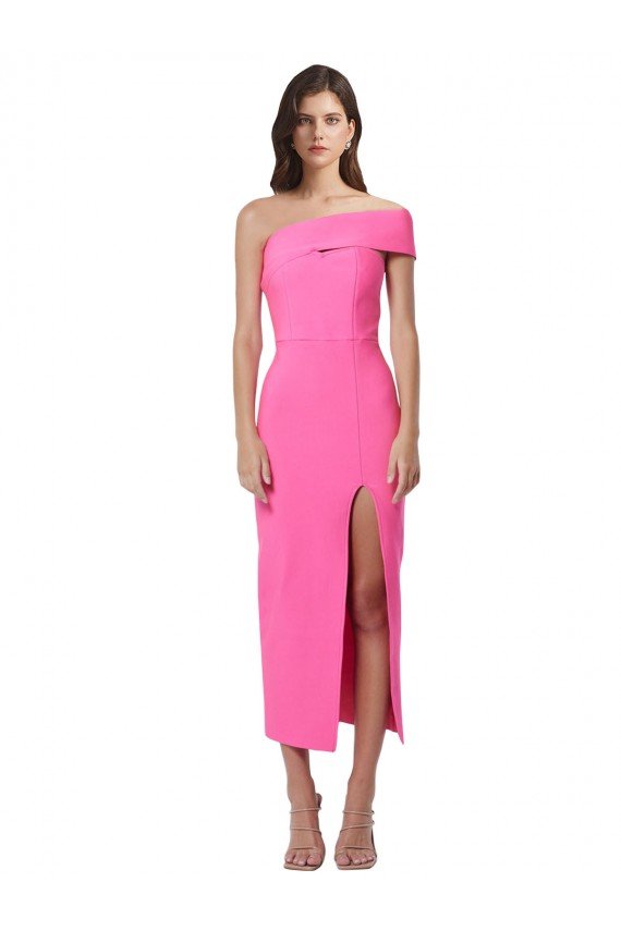 Affordable One Shoulder Neckline Short Midi Length Formal Crepe Bridesmaid Dress / Cocktail Prom Dress