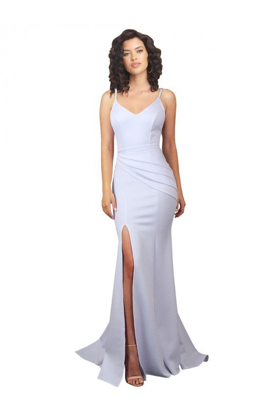 Affordable Simple Mermaid V-Neck Long Crepe Beach Wedding Dress with Right Slit