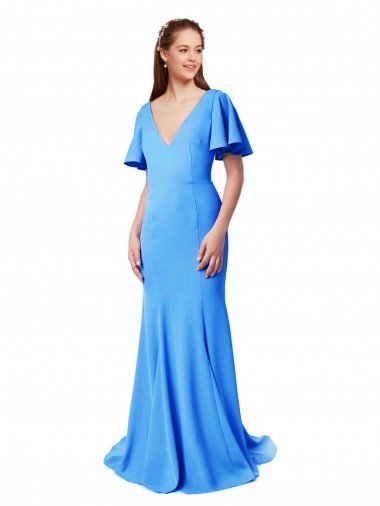 Affordable Short Sleeves Long V-Neck Crepe Bridesmaid Dress / Prom Dress with V-Back