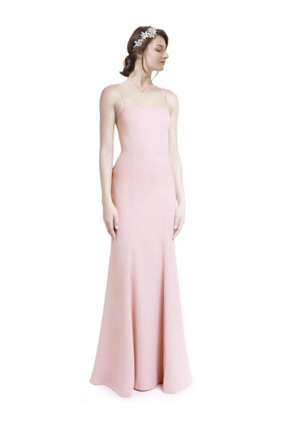 Affordable Square Neck Criss Cross Open Back Slim Crepe Bridesmaid Dress / Prom Dress with Spaghetti Straps
