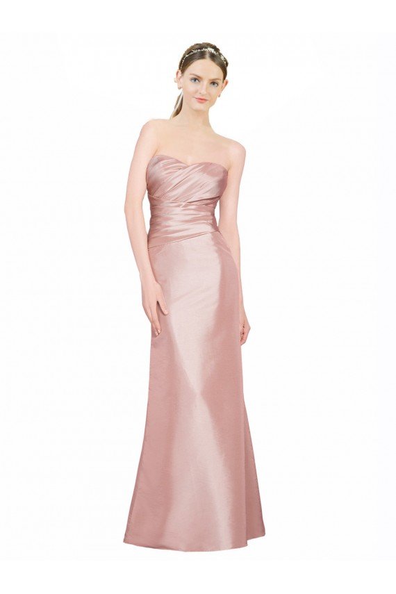 Affordable Long Strapless Formal Stretch Satin Bridesmaid Dress / Prom Dress with Pleats and Low Back