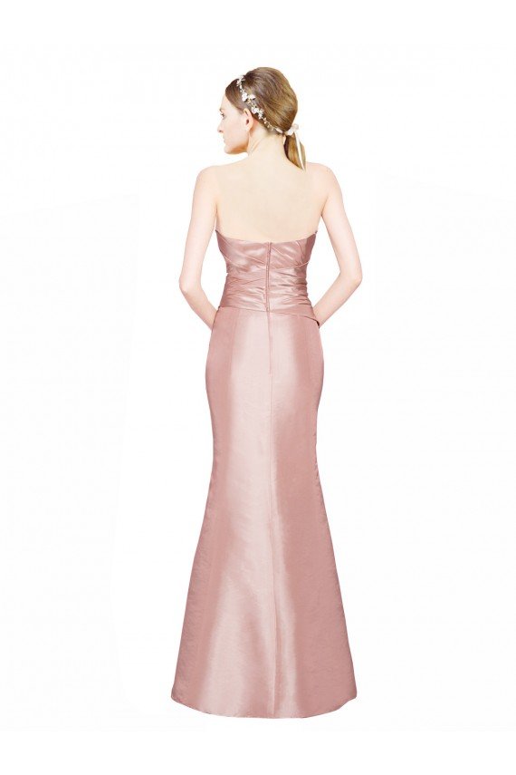 Affordable Long Strapless Formal Stretch Satin Bridesmaid Dress / Prom Dress with Pleats and Low Back