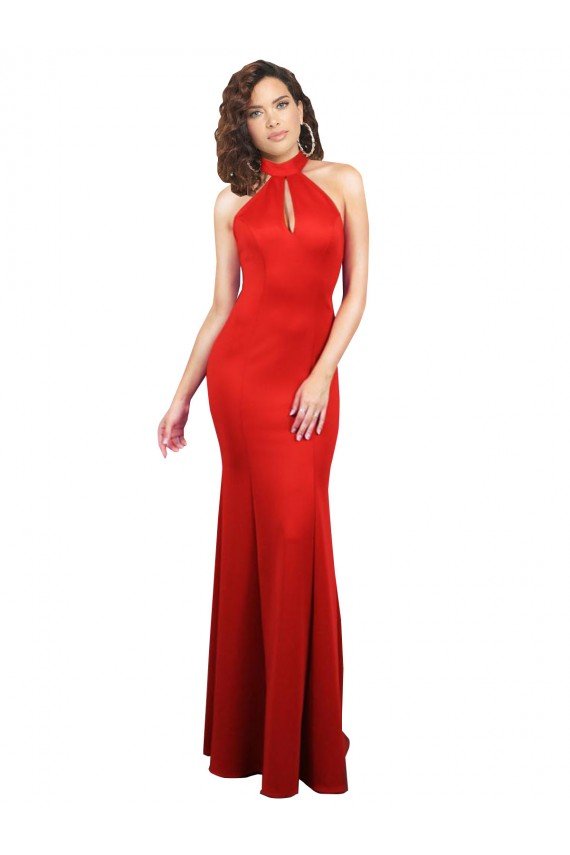 Affordable Halter Neck keyhole Front Back Long Formal Stretch Satin Bridesmaid Dress / Prom Dress