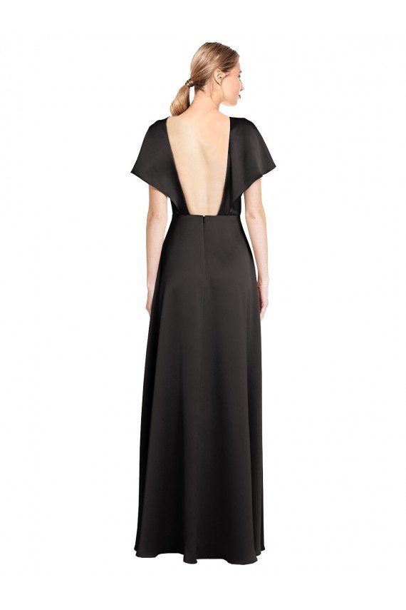 Affordable Cap Sleeves Open Back Long Formal Stretch Satin Bridesmaid Dress / Prom Dress