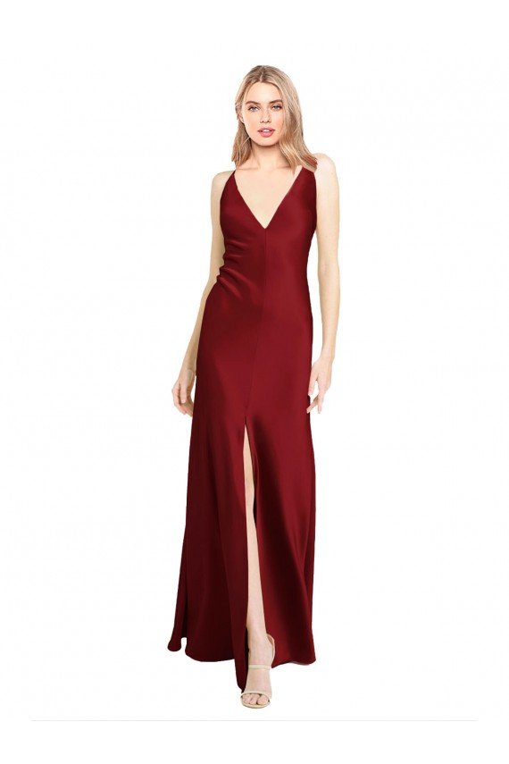 Affordable Floor Length Deep V-Back Formal Stretch Satin Bridesmaid Dress / Prom Dress with Front Slit