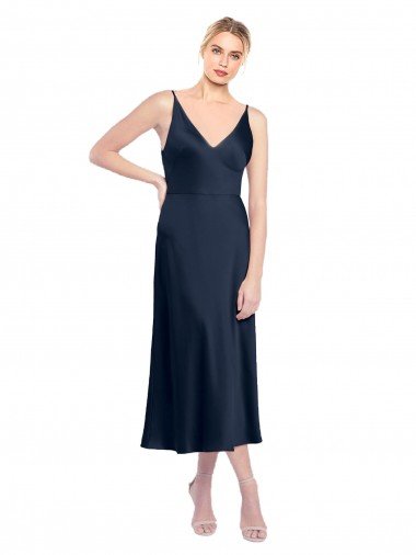 Affordable V-Neck Midi Length Short Cocktail Formal Stretch Satin Bridesmaid Dress / Prom Dress V-Back