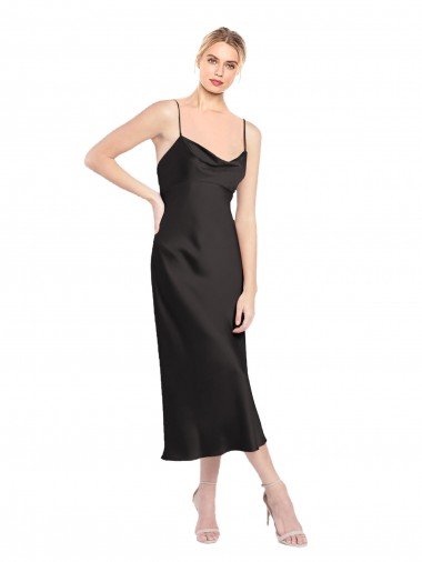 Affordable Cowl Neck Midi Length Short Cocktail Formal Stretch Satin Slip Bridesmaid Dress / Prom Dress