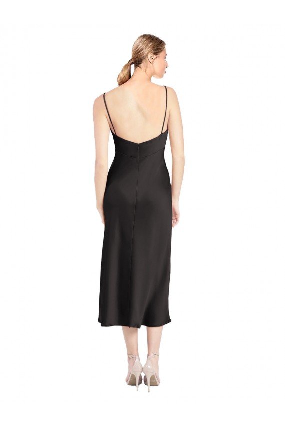 Affordable Cowl Neck Midi Length Short Cocktail Formal Stretch Satin Slip Bridesmaid Dress / Prom Dress
