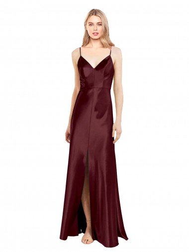 Affordable Sleek Spaghetti Straps V-Neck Formal Stretch Satin Bridesmaid Dress / Prom Dress with Center Front Slit