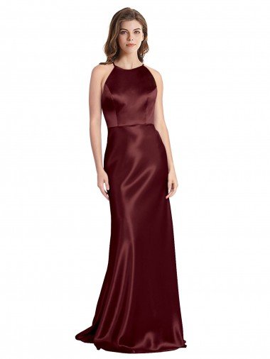 Affordable High Neck Halter Long Sleeveless Formal Stretch Satin Bridesmaid Dress / Prom Dress with Strappy Back