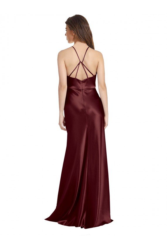 Affordable High Neck Halter Long Sleeveless Formal Stretch Satin Bridesmaid Dress / Prom Dress with Strappy Back