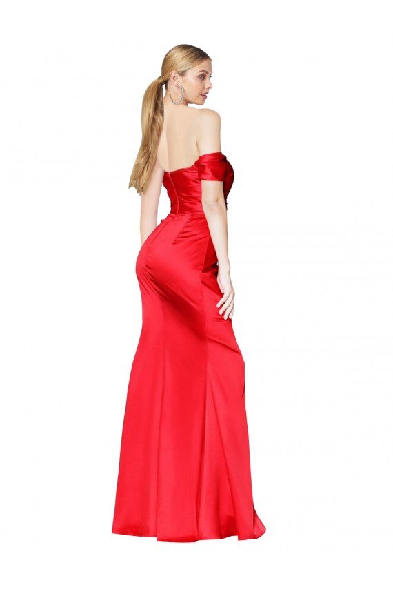 Affordable High Neck Off the Shoulder Formal Stretch Satin Bridesmaid Dress / Prom Dress with High Slit