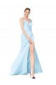 Affordable Double Straps V-Neck Sleeveless Formal Stretch Satin Bridesmaid Dress / Prom Dress with High Slit
