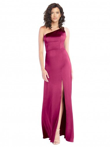 Affordable Sleek One Shoulder A-Line Long Formal Stretch Satin Bridesmaid Dress / Prom Dress with Spaghetti Straps Back