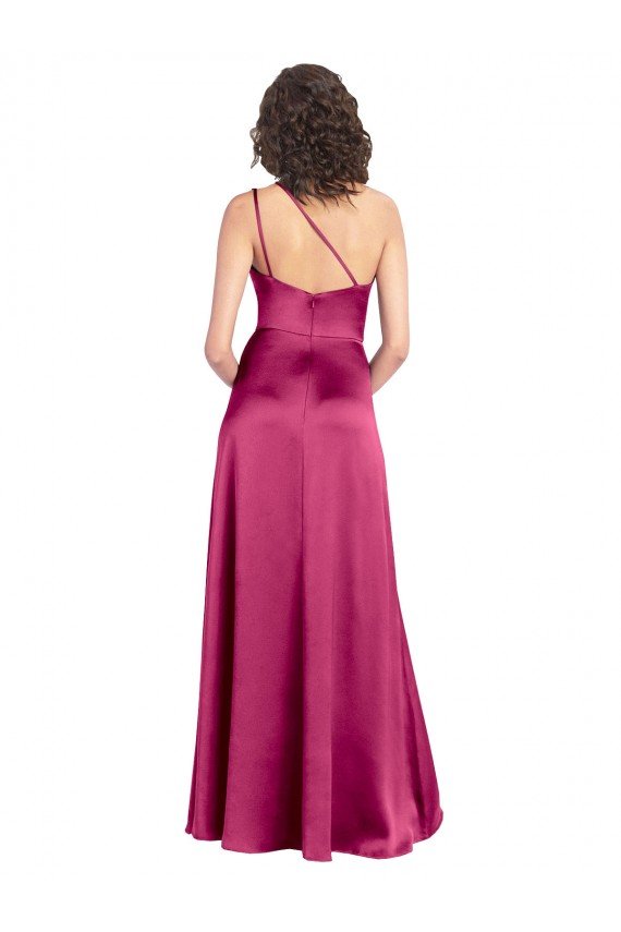 Affordable Sleek One Shoulder A-Line Long Formal Stretch Satin Bridesmaid Dress / Prom Dress with Spaghetti Straps Back