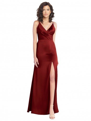 Affordable Faux Surplice Neckline Long Slim A-Line Formal Stretch Satin Bridesmaid Dress / Prom Dress