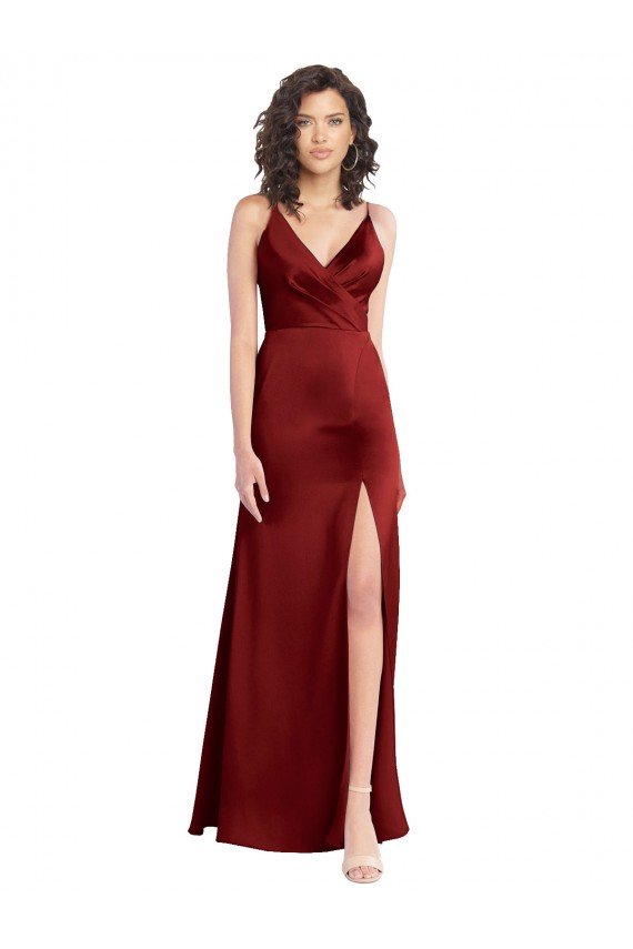 Affordable Faux Surplice Neckline Long Slim A-Line Formal Stretch Satin Bridesmaid Dress / Prom Dress