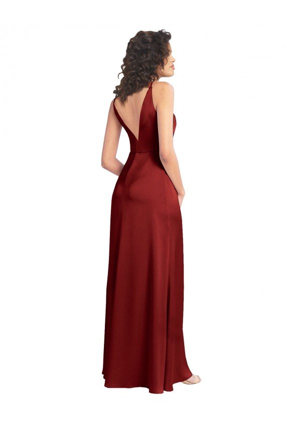Affordable Faux Surplice Neckline Long Slim A-Line Formal Stretch Satin Bridesmaid Dress / Prom Dress