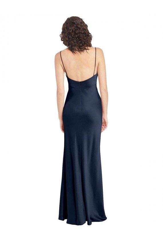 Affordable Cowl Neck Long Empire Waist Formal Stretch Satin Bridesmaid Dress with Open Back