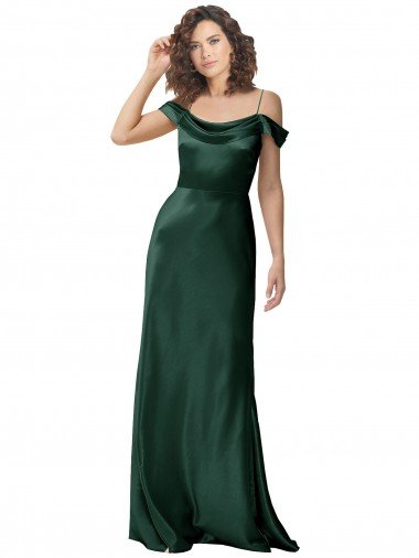 Affordable Off the Shoulder Sleeves Long Formal Stretch Satin Bridesmaid Dress / Prom Dress with Pleated Draped Neckline