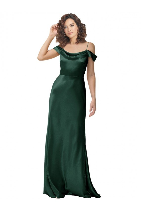 Affordable Off the Shoulder Sleeves Long Formal Stretch Satin Bridesmaid Dress / Prom Dress with Pleated Draped Neckline