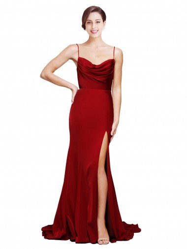 Affordable Cowl Front Neck Sweep Train Formal Stretch Satin Bridesmaid Dress / Prom Dress with High Side Split