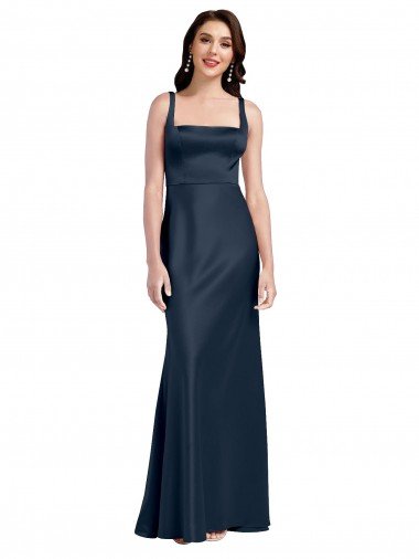 Affordable Square Neck A-Line Long Formal Stretch Satin Bridesmaid Dress / Prom Dress with Wide Straps