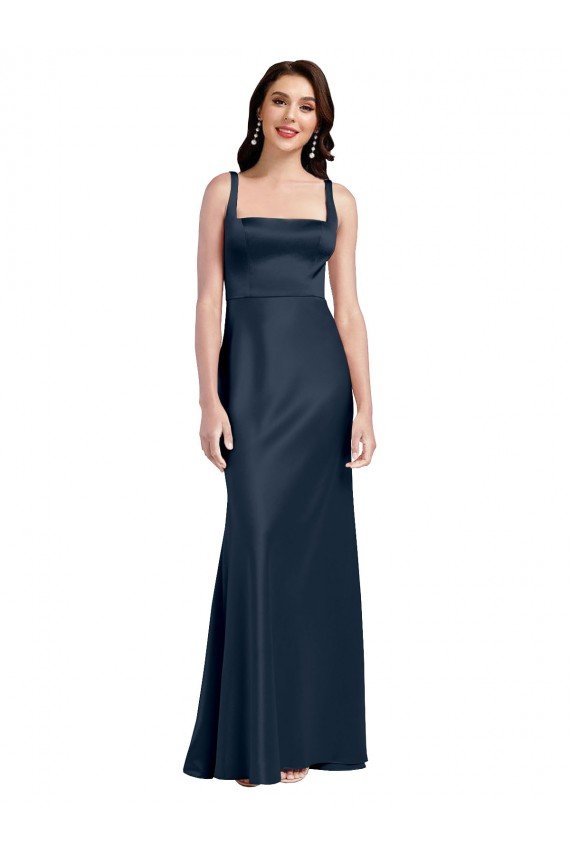 Affordable Square Neck A-Line Long Formal Stretch Satin Bridesmaid Dress / Prom Dress with Wide Straps