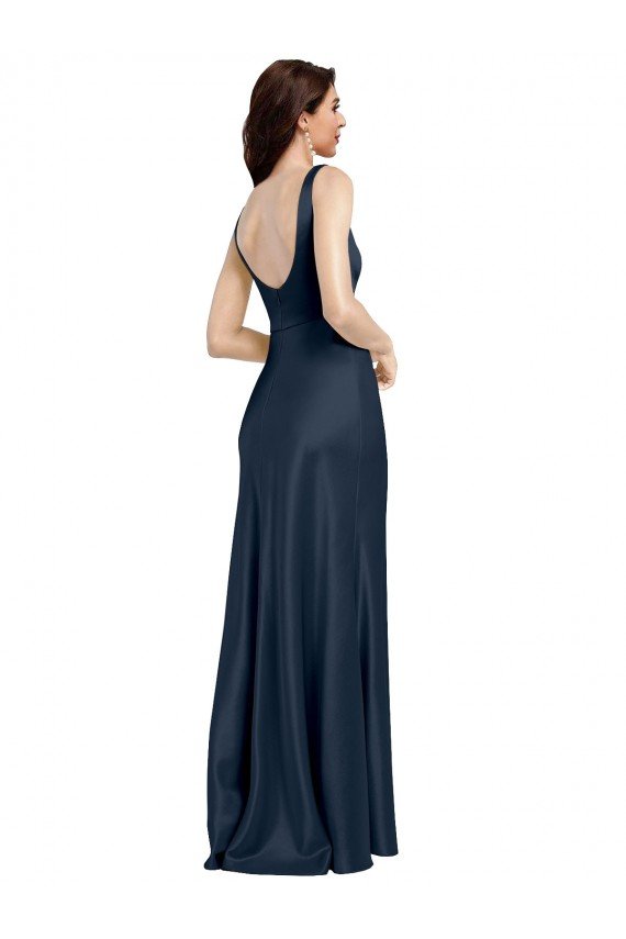 Affordable Square Neck A-Line Long Formal Stretch Satin Bridesmaid Dress / Prom Dress with Wide Straps