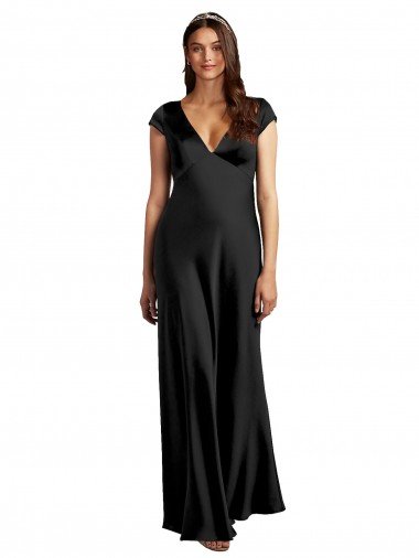 Affordable Plunging V-Neck Cap Cleeves Long Formal Stretch Satin Bridesmaid Dress / Prom Dress with Keyhole Back