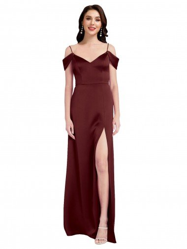 Affordable Draped Off the Shoulder Sleeves Slim A-Line Formal Stretch Satin Bridesmaid Dress / Prom Dress with Side Slit