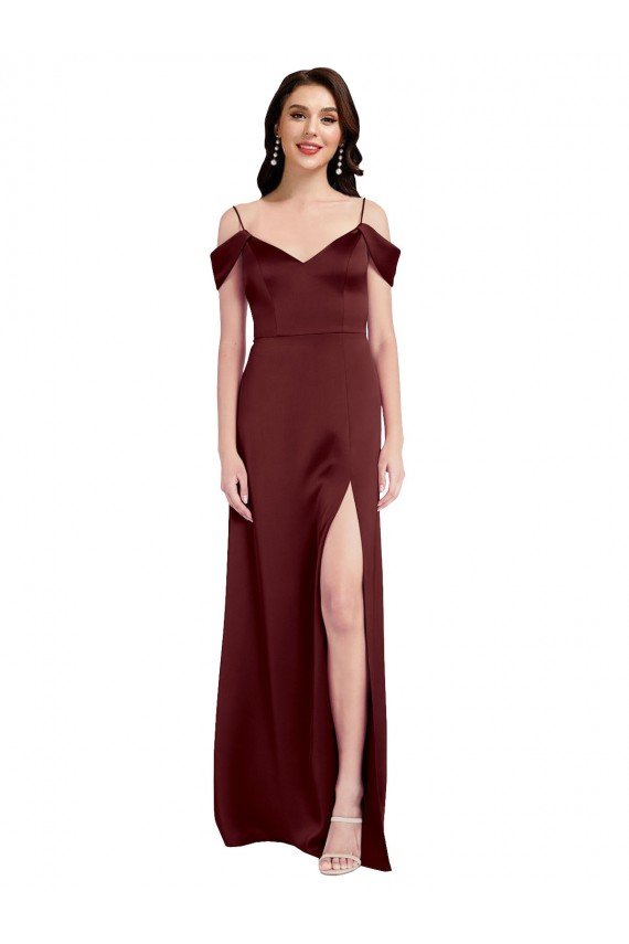Affordable Draped Off the Shoulder Sleeves Slim A-Line Formal Stretch Satin Bridesmaid Dress / Prom Dress with Side Slit