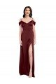Affordable Draped Off the Shoulder Sleeves Slim A-Line Formal Stretch Satin Bridesmaid Dress / Prom Dress with Side Slit