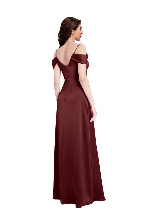 Affordable Draped Off the Shoulder Sleeves Slim A-Line Formal Stretch Satin Bridesmaid Dress / Prom Dress with Side Slit