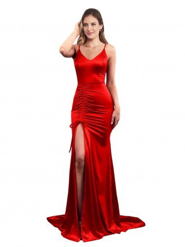 Affordable Long Pleated Formal Stretch Satin Bridesmaid Dress / Prom Dress with High Slit