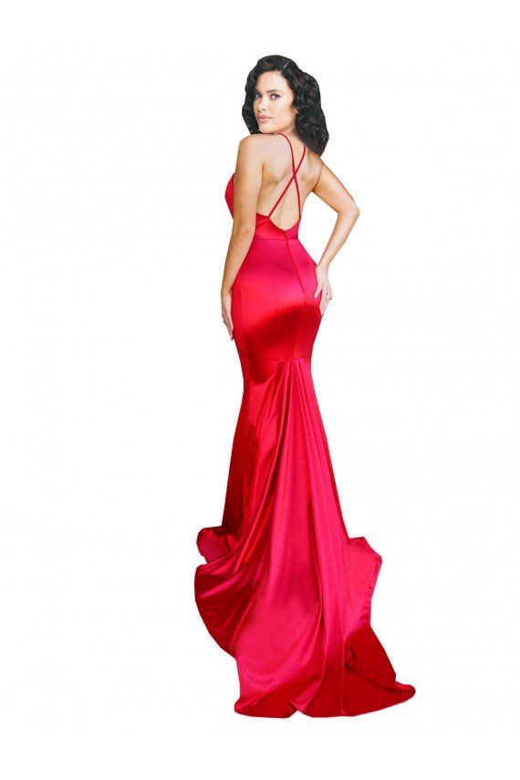 Affordable Mermaid Open Back Long Formal Stretch Satin Bridesmaid Dress / Prom Dress with High Slit