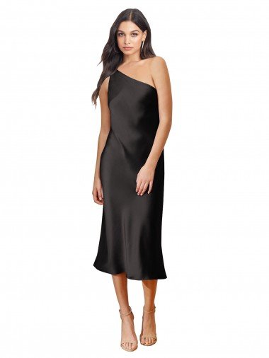 Affordable Sleek One Shoulder Midi Length Short Cocktail Formal Stretch Satin Slip Bridesmaid Dress / Prom Dress