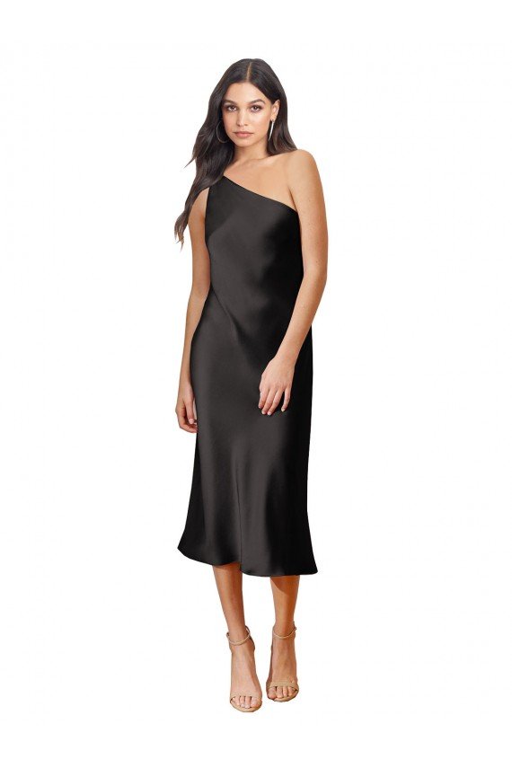 Affordable Sleek One Shoulder Midi Length Short Cocktail Formal Stretch Satin Slip Bridesmaid Dress / Prom Dress